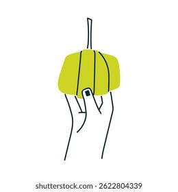 Hands with bright green pumpkin. Autumn harvest