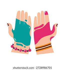 Manos en Ilustración vectorial de manchas de pintura brillante. Festival tradicional del Holi, la fiesta india de los colores. Palmas cubiertas de polvo gulal, pulseras en las muñecas. Clipart dibujado a mano. Elemento de dibujos animados