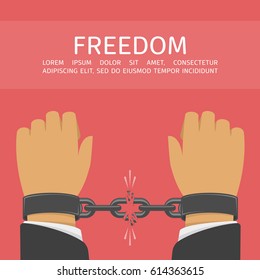 Hands With Broken Chain. Male Hands Breaking Metal Handcuffs. Freedom Concept. Vector Illustration EPS 10.