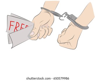 Hands with broken shackles. The concept of freedom and independence. Hand drawn cartoon vector illustration for design and infographics.