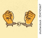 Hands with broken shackles. Vector illustration on grunge texture background