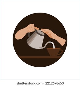 Hands with brown teapot and coffee cup in circle, barista symbol design. Vector illustration