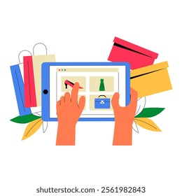 Hands Browsing Shopping Items On Tablet With Shopping Bags In Flat Vector Illustration Symbolizing Online Shopping And Digital Retail Isolated On White Background