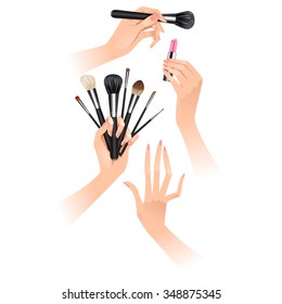 Hands with brushes. Make-up artist. Isolated vector illustration.