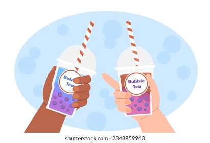 Hands with bubble tea concept. People with delicious drinks. Hot drink and coffee. Aroma and beverage. Menu cafe or coffee shop. Dessert and delicacy. Cartoon flat vector illustration