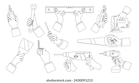 Manos con instrumentos de construcción Iconos de vector monocromo de contorno aislado. Llave, destornillador, nivel y sierra