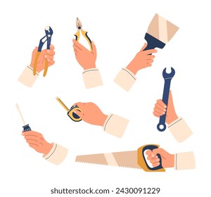 Hands with Building Instruments. Wrench, Screwdriver and Saw. Spatula, Measuring Tape or Pliers Isolated Set
