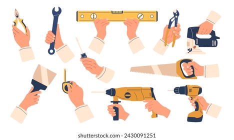 Hands with Building Instruments. Wrench, Screwdriver, Level and Saw. Drill, Spatula, Measuring Tape or Pliers