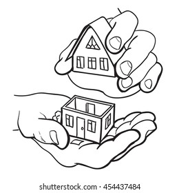 Hands are building a small house. Development concept.Symbol of construction. Hand drawn sketch vector illustration isolated on white background.