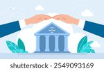 Hands built a roof over the courthouse as protection from external influence. Concept of law justice. Law, crime and justice. State institutions. Jurisprudence, civil law. Vector illustration