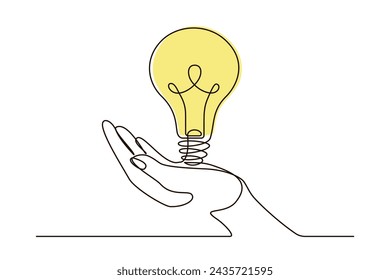 Hands with bulb light continuous one line symbol drawing. Energy, idea, creative concept icon in simple linear doodle style. Continuous line vector illustration for flyer poster, infographic
