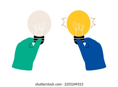 Hands with bulb. New ideas and old ideas concept. Colorful vector illustration
