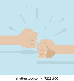 Hands bumping together, punching label. Political, politic crisis poster, vector illustration