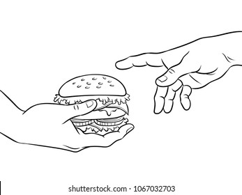 Hands with burger coloring retro vector illustration. Isolated image on white background. Comic book style imitation.