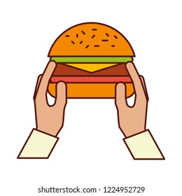hands with burger on white background