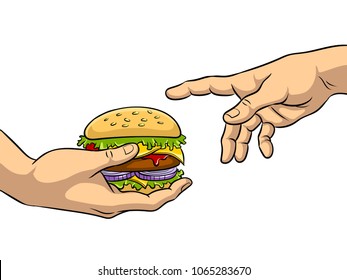 Hands with burger pop art retro vector illustration. Isolated image on white background. Comic book style imitation.