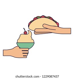 Hands with burrito and ice cream cup