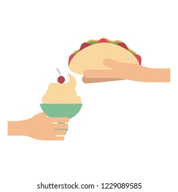 Hands with burrito and ice cream cup