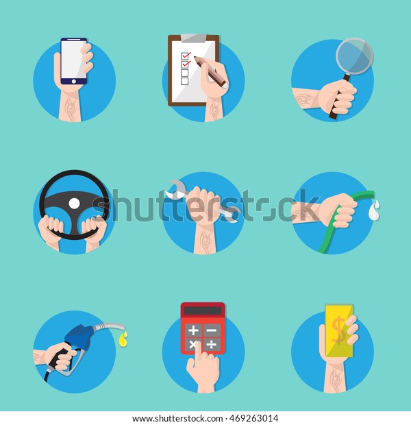 Hands with business auto mechanic car\
service flat icon set ,Vector\
illustration