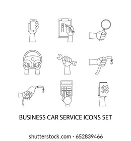 Hands with business car service icons set, Flat Design Vector illustration