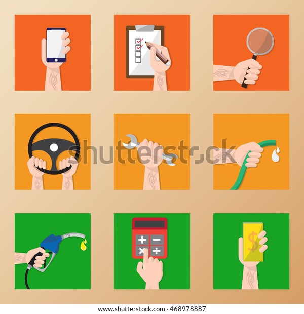 Hands with business car service icons set,\
Flat Design Vector\
illustration