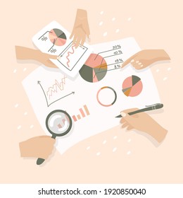 Hands with business graphics. Vector illustration. Work team. Solving problems. Economic set. Info graphic, work process, company.