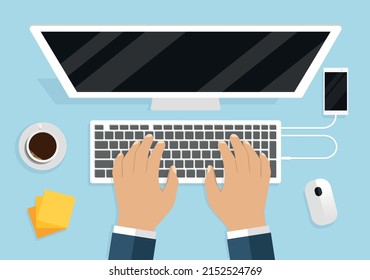 Hands of business man use dekstop computer.Top view of working desk with gadget. Vector stock