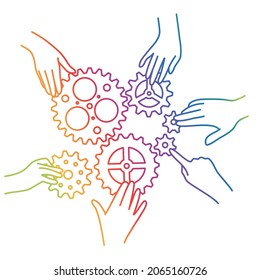 Hands business men assemble gears into puzzle in single whole  Rainbow color  Sketch vector illustration 