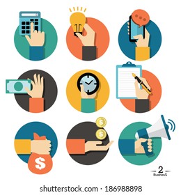 Hands with business object icons set, Flat Design Vector illustration