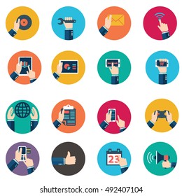 Hands with business object icons set, Flat Design Vector illustration.