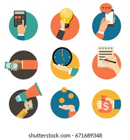 Hands with business object icons set, Flat Design Vector illustration