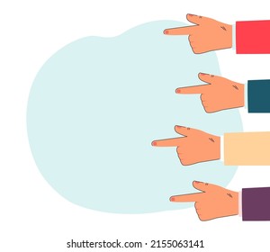 Hands of business people pointing at blank space. Copy space, fingers drawing attention to empty space flat vector illustration. Information, marketing concept for banner or landing web page