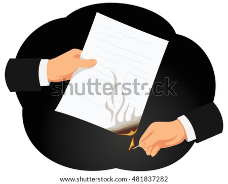 Hands of a businessman are burning on fire a contract. Matchstick and flame. Break of an agreement.