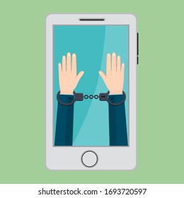 Hands of businessman enchained in mobile phone addiction, illustration vector cartoon