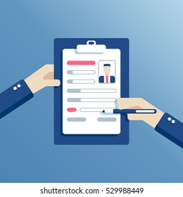 Hands of businessman fill a resume or application form flat vector illustration, hands holding clipboard with questionnaire, employee writes a summary, business concept of employment