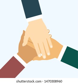 Hands of businessman groups of people putting together. Concept of cooperation, unity, togetherness, partnership, agreement, teamwork, social community or movement. Flat cartoon vector illustration.