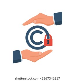 Hands of a businessman hold an icon with a copyright symbol. Intellectual property concept. Copyright and legislation. Property rights and brand patent protection. Vector illustration flat design.