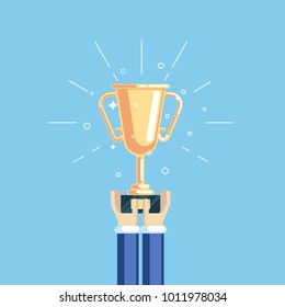 Hands of businessman holding golden cup flat vector illustration. Winner prize goblet. Business trophy award
