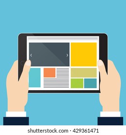 Hands of businessman is holding horizontal tablet and open website. Vector illustration flat style.