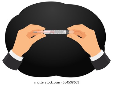 Hands of businessman are holding thermometer for checking temperature. Health of the economy.