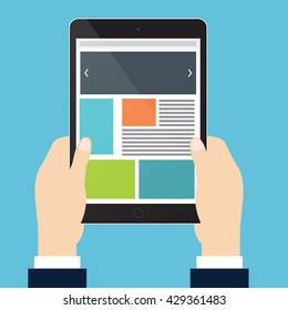 Hands of businessman is holding vertical tablet and open website. Vector illustration flat style.