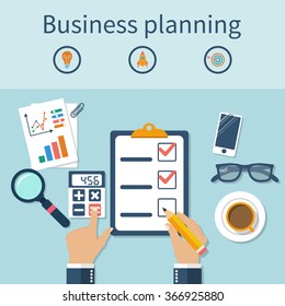 Hands businessman on table, planning a business plan. Strategy development. Finding solutions, diagrams, calculation, financial analysis. Concept of business, planning. Flat design, vector.