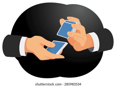 Hands of a businessman are shuffling cards on the dark background