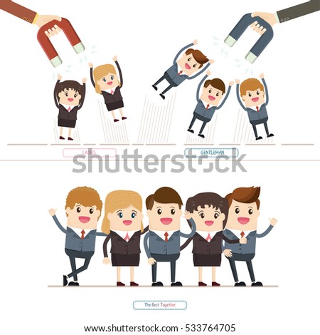 hands of businessman using magnet attract women and men customers.
