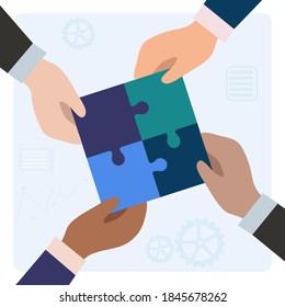 The hands of businessmen connect the pieces of puzzles into a single whole. The concept of successful business team work. Partnership and cooperation. Vector flat design.