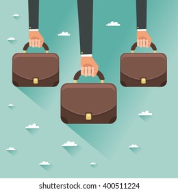 Hands of businessmen holding briefcases. Concept of new government. Colorful vector illustration in flat style