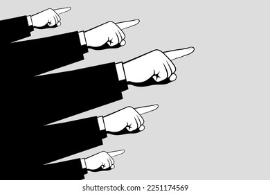 Hands of businessmen or officials with pointing gestures, index fingers pointing at something, in black and white colors. Concept of strict requirements and orders or blaming and reproaching