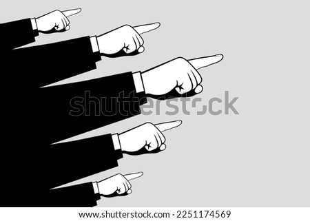 Hands of businessmen or officials with pointing gestures, index fingers pointing at something, in black and white colors. Concept of strict requirements and orders or blaming and reproaching
