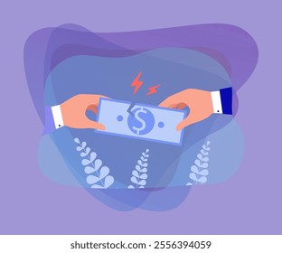 Hands of businessmen tearing dollar bill. Business partners holding torn banknote flat vector illustration. Finance, investment, bankruptcy, conflict concept for banner or landing web page