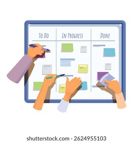 Hands of businesspeople sticking colorful sticky notes on a whiteboard, planning and scheduling tasks in the office